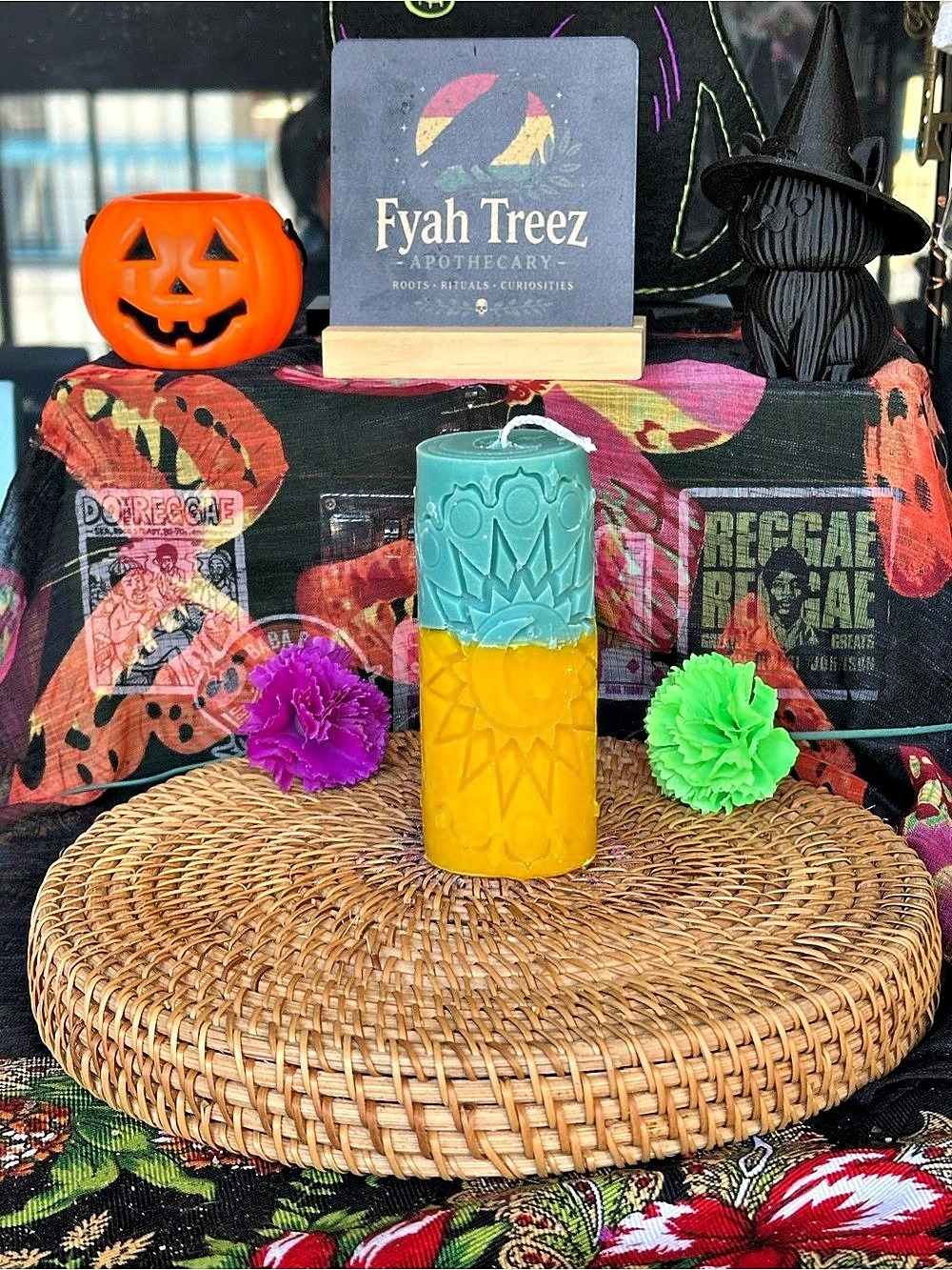 Aqua & Golden Yellow Celestial Moon Phase Pillar Candle